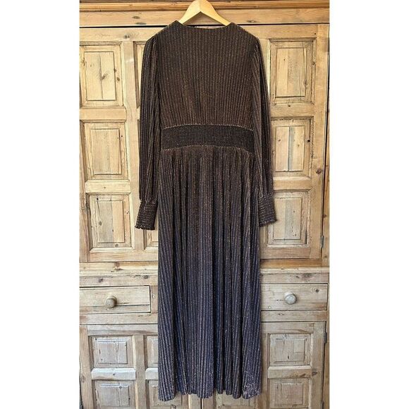 Boden 22 Regular Metallic Dress Maxi Black Gold Plus V-Neck Pleated Long Sleeve - Picture 9 of 15